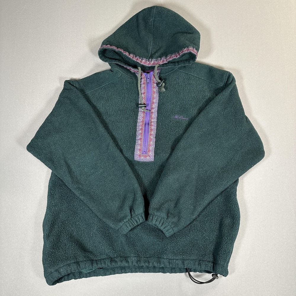 Vintage L.L. Bean Sweater Womens Large Green Fleece Hooded 1/4 Zip Pullover
